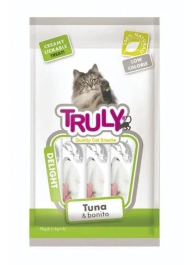 مكافآت كريمية للقطط قابلة للحس – نكهة التونة والبونيتو – طبيعية 100% ومنخفضة السعرات – 70 جم (5 أنابيب × 14 جم)